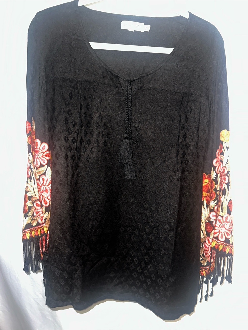 Time for Me Black Embroidered Boho Peasant Top with Tassel Tie